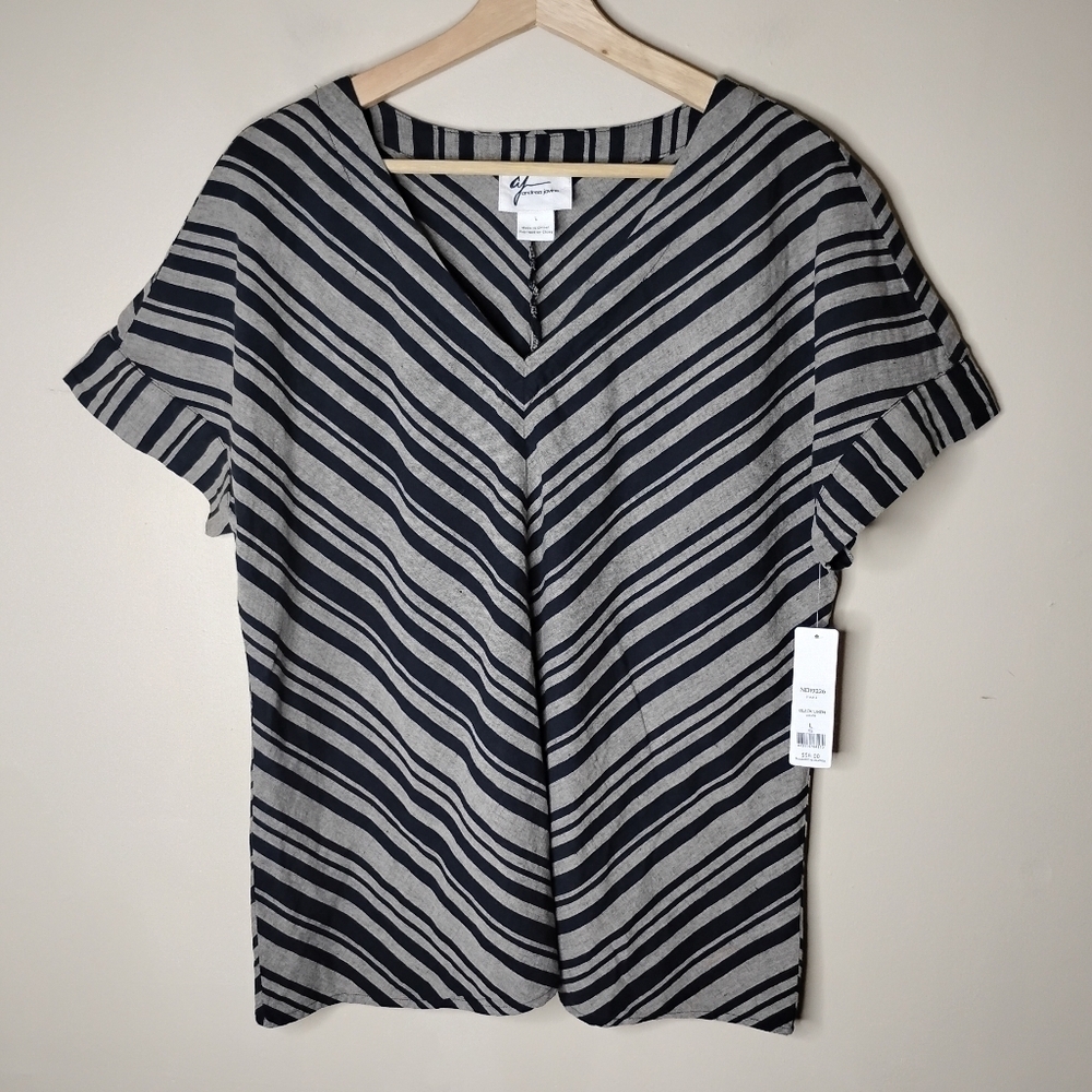 Andrea Jovine Linen-Cotton Top Black & Tan Size L NWT - Picture 2 of 8